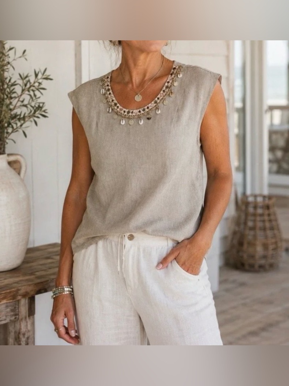🆕 Lintico | 100% Linen Top with Shell Beaded Neckline